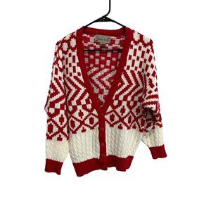 Vintage Sheridan Square Red White Geometric Cardigan Sweater SZ Medium